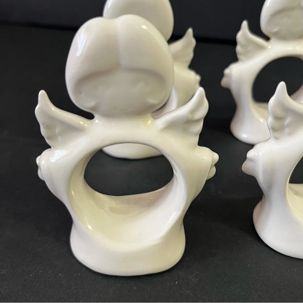 Vintage White Ceramic Angel Christmas Napkin Rings Holders Kitsch Retro MCM 5x